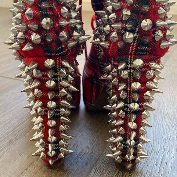 Jeffrey Campbell Lita Rare Red Plaid Lace-up Platform Ankle Boot w Spike Studs - Picture 2 of 8